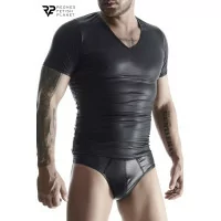 Black Wetlook T-shirt with V-neck - Regnes (€34.90) | Poppers Express