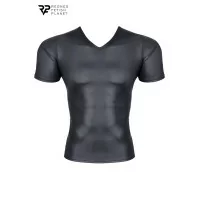 Schwarzes Wetlook T-Shirt mit V-Ausschnitt - Regnes (34,90 €) | Poppers Express