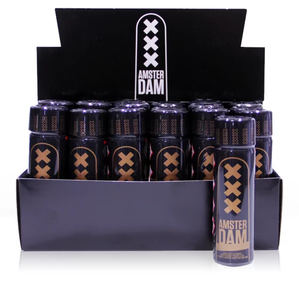 Displaydoos met 18 Amsterdam XXX Black Label 24ml Poppers (Amyl Drievoudige Distillatie) - Amsterdam (€ 215,00) | Poppers Express